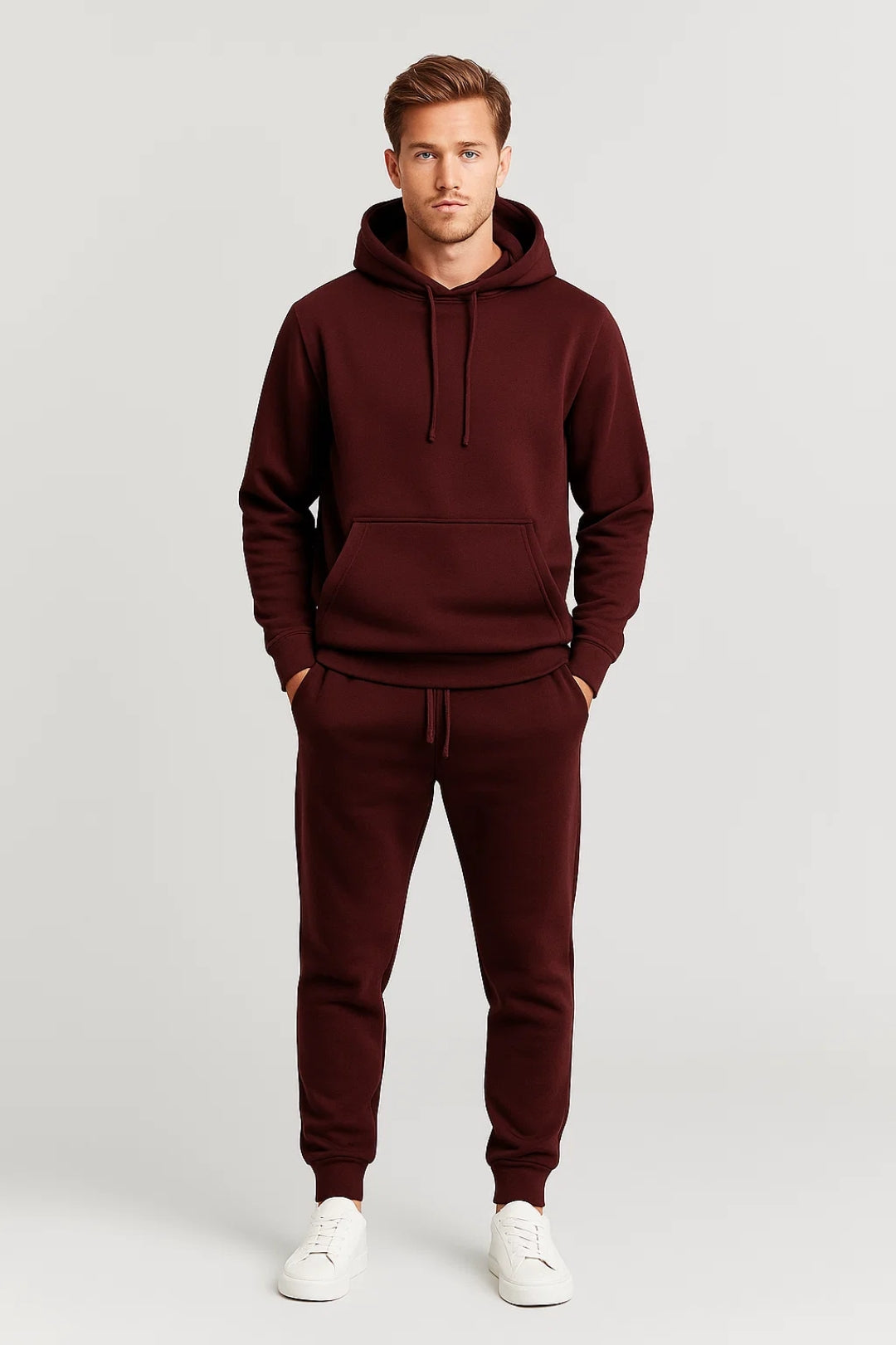 Men's casual hoodie and jogger tracksuit set in navy blue, perfect for all-season wear.