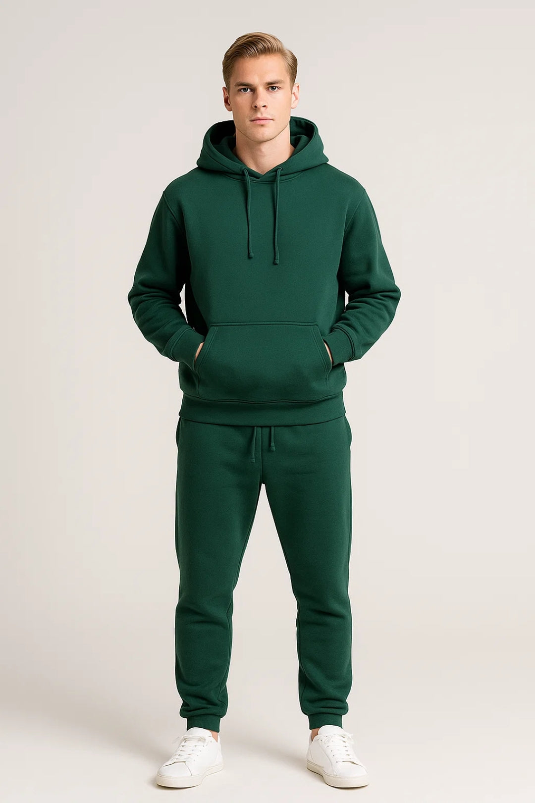Close-up of the soft fabric on a men's comfortable two-piece tracksuit featuring a stylish hoodie.