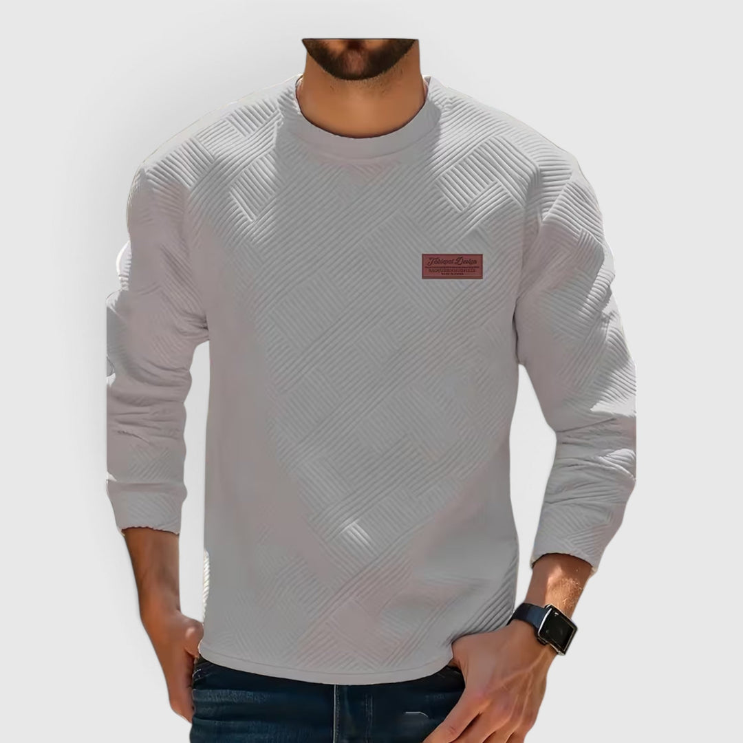 Relaxed fit men's jacquard crew neck long sleeve pullover, casual everyday wear.