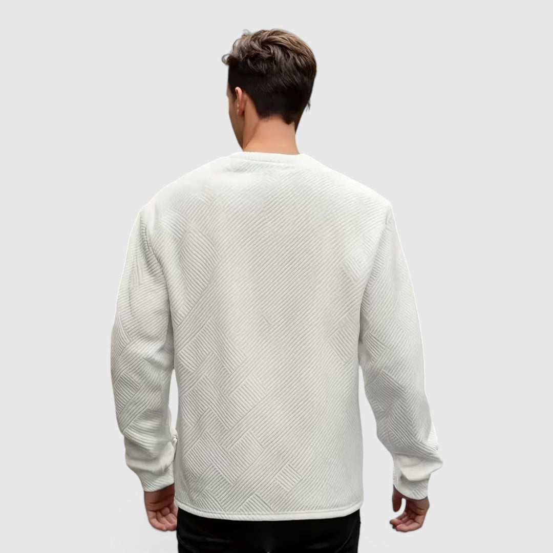 Unique jacquard pattern men's long sleeve crew neck sweatshirt for distinctive fashion.