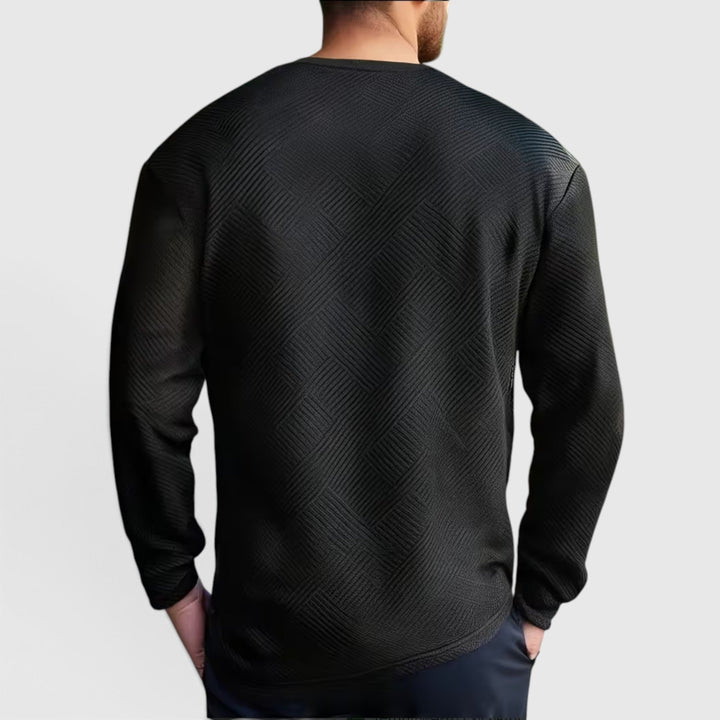 Modern men's fashion jacquard crew neck long sleeve pullover, easy everyday style.