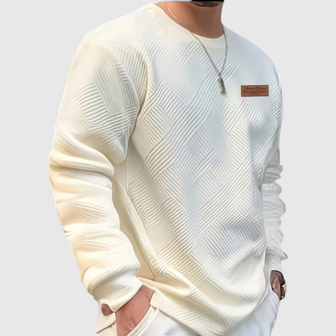 Men's long sleeve crew neck pullover with jacquard detail, a timeless casual wear piece.