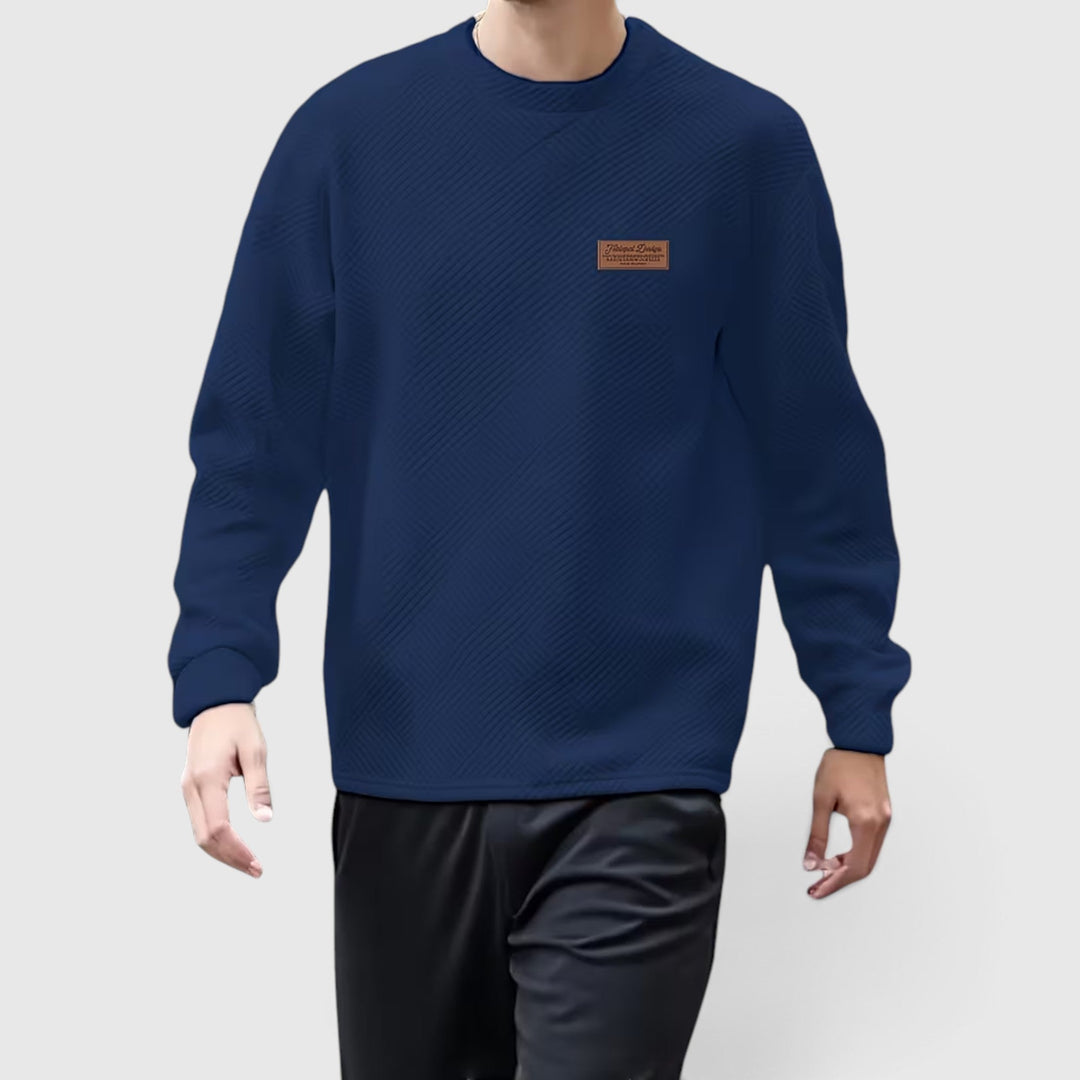 Textured jacquard men's casual crew neck long sleeve sweater for a modern autumn look.