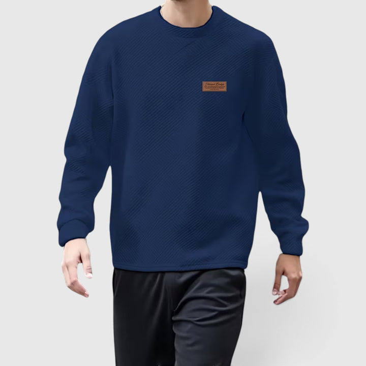 Textured jacquard men's casual crew neck long sleeve sweater for a modern autumn look.