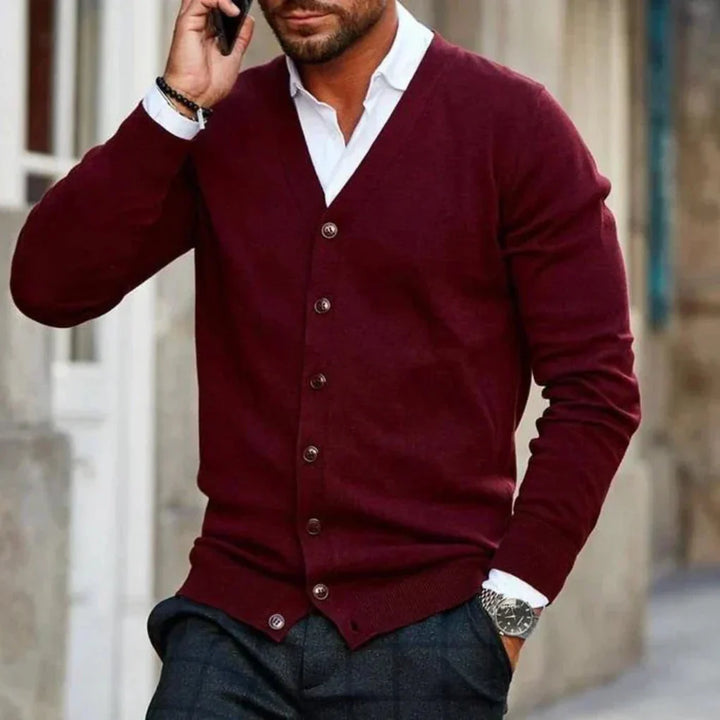 Men's casual knit cardigan in a stylish v-neck button-up design. Perfect for everyday comfort & fall fashion.