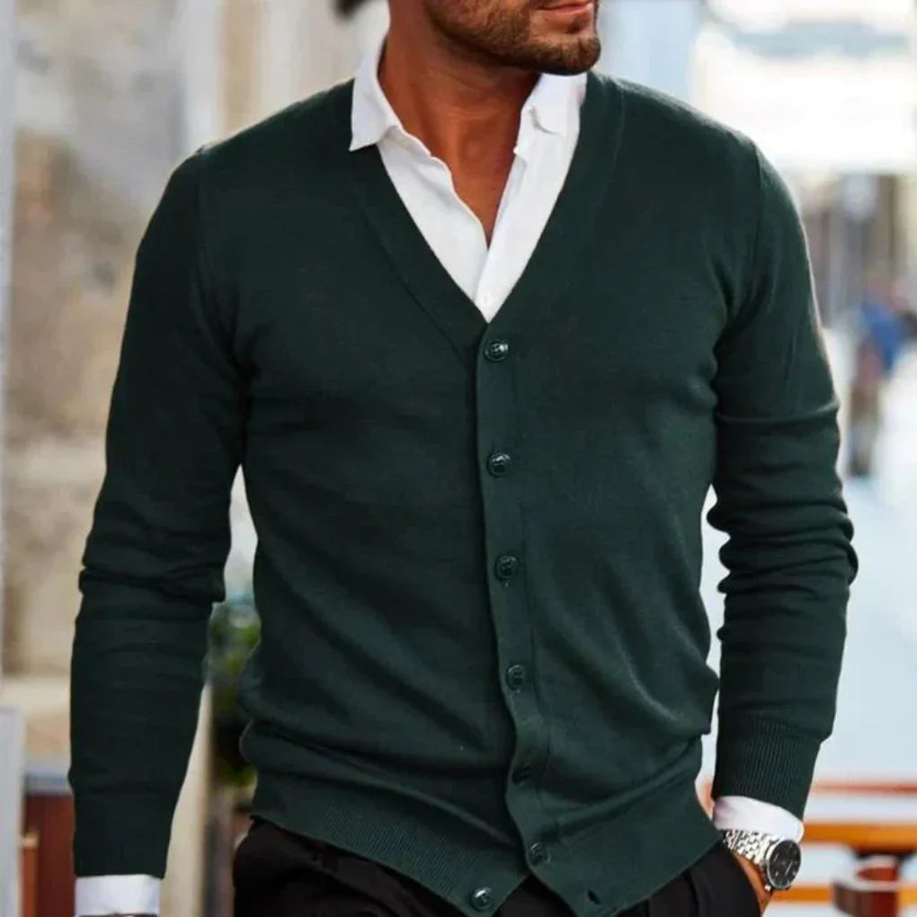 Stylish men's knit v-neck cardigan with button-up front. Effortless comfort for casual, everyday & fall fashion.