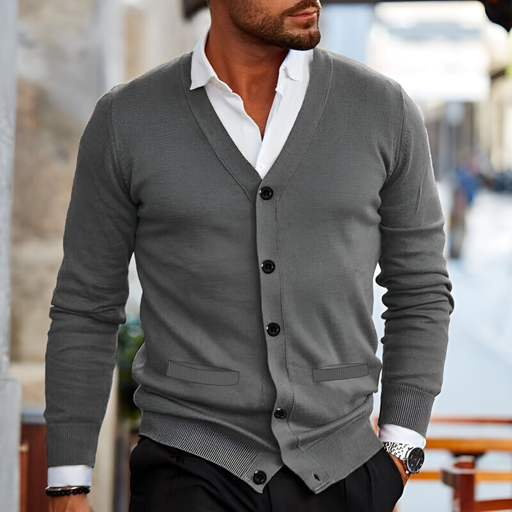 Men's fashion casual knit cardigan. Versatile button-up, v-neck design for stylish layered fall and winter outfits.