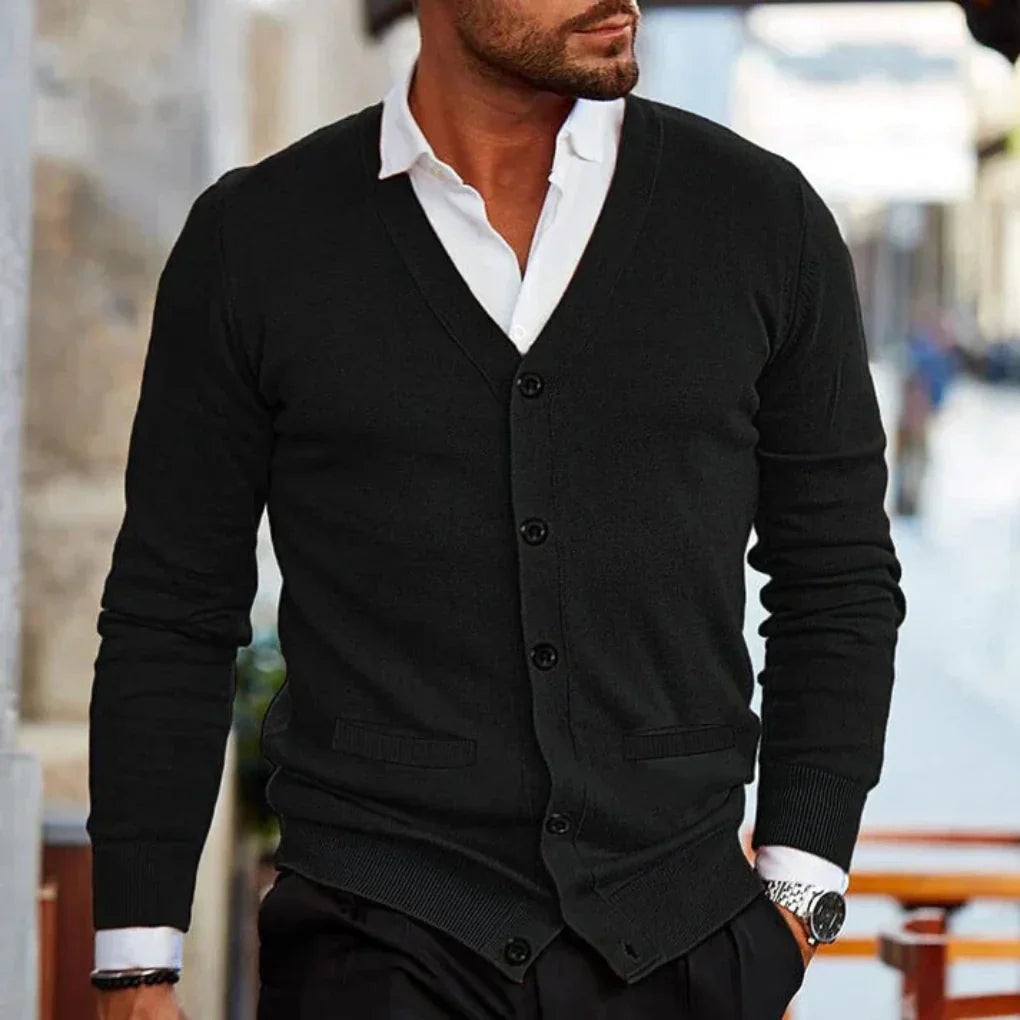 Effortlessly stylish men's casual knit cardigan. Comfortable v-neck button-up for everyday and fall/winter apparel.