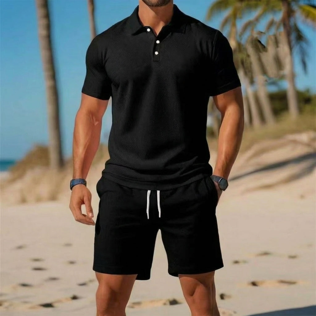 Men's casual knitted polo shirt and shorts set for summer. Comfortable two-piece outfit in light fabric.