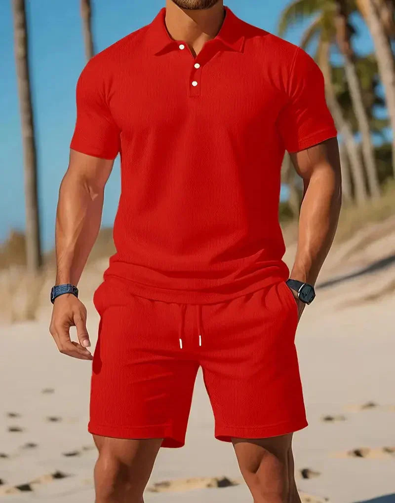 Comfortable men's knitted polo and shorts lounge set. Ideal for summer casual wear, travel & relaxation.
