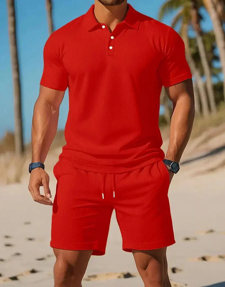 Comfortable men's knitted polo and shorts lounge set. Ideal for summer casual wear, travel & relaxation.