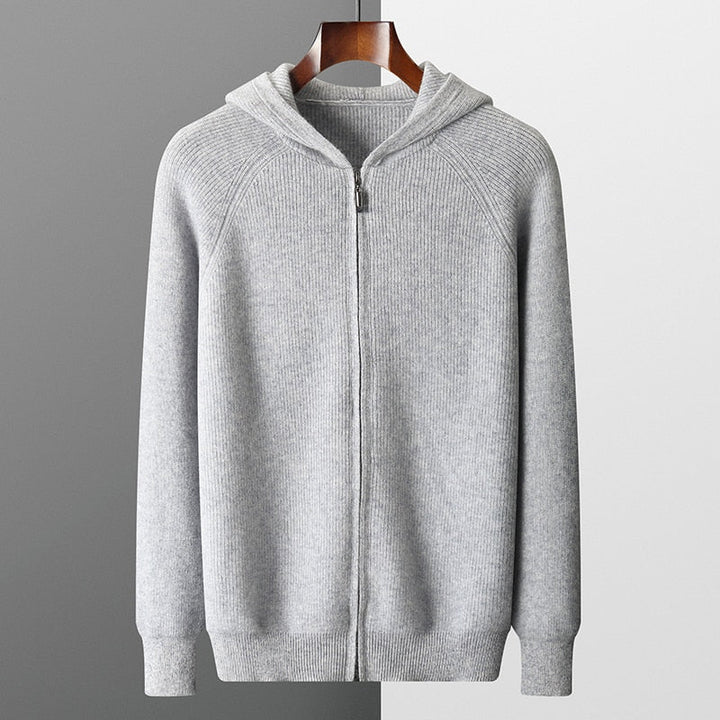 Men's casual knitted zip-up hoodie in light grey, perfect for everyday wear.