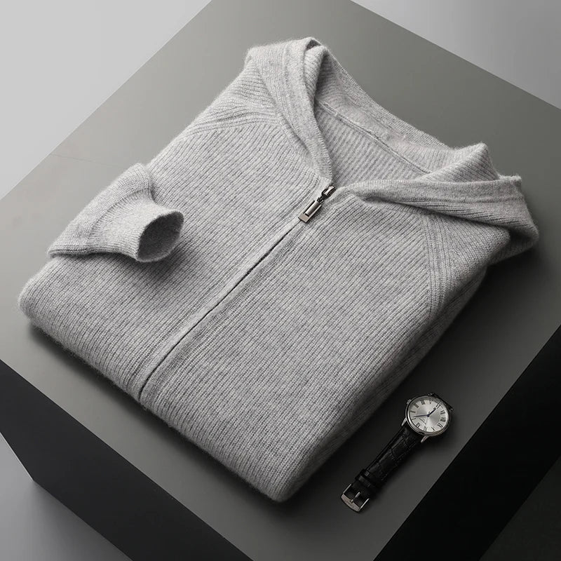 Men's casual wear: a camel colored zip-up knitted hoodie for everyday comfort.