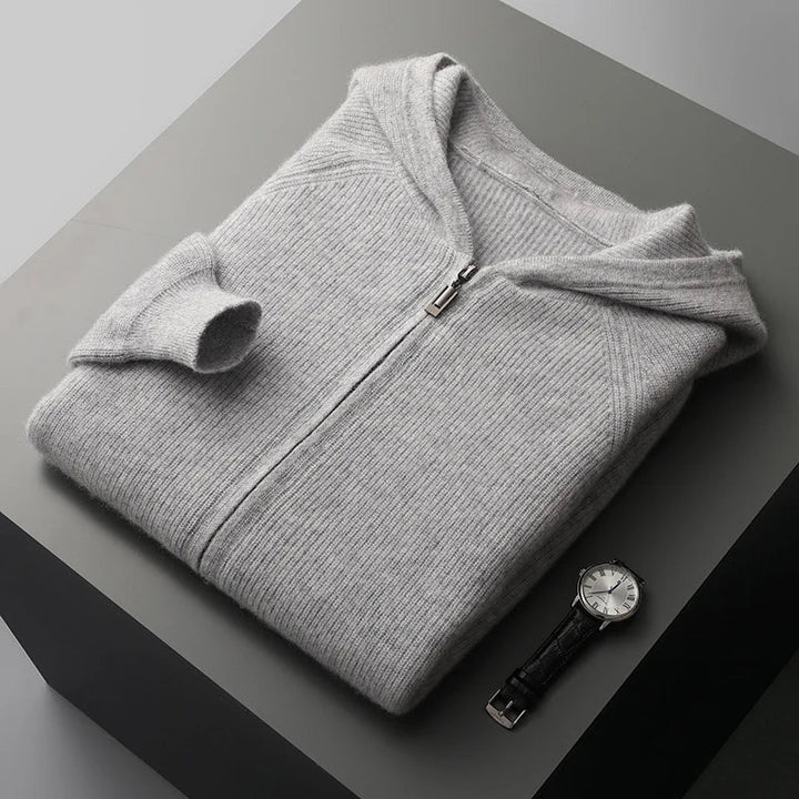 Men's casual wear: a camel colored zip-up knitted hoodie for everyday comfort.