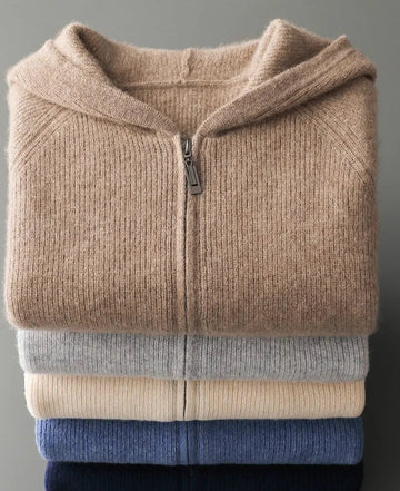 Lifestyle shot of a man in a light grey knitted hoodie, embodying casual style.