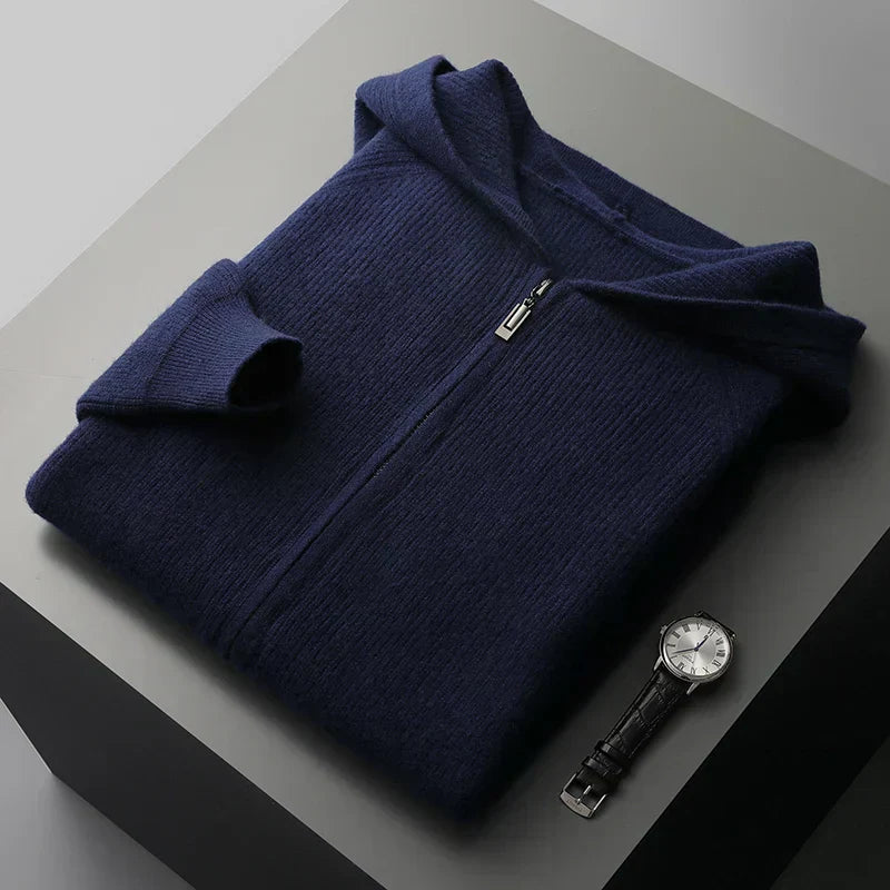 Stylish camel colored men's casual knit hoodie, ideal for a relaxed look.