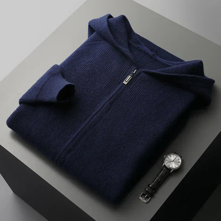 Stylish camel colored men's casual knit hoodie, ideal for a relaxed look.