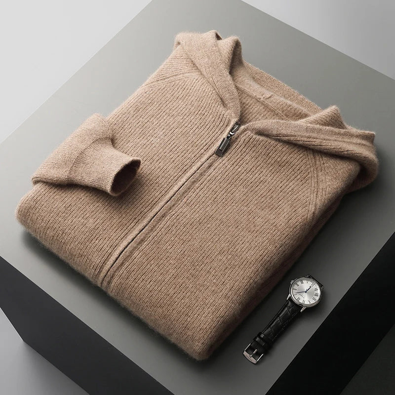 Close-up of the textured knit fabric on a men's casual zip-up hoodie.
