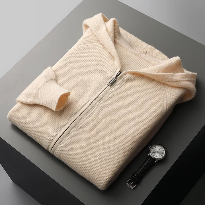 Men's light grey knitted hoodie, showcasing the comfortable zip-up closure.