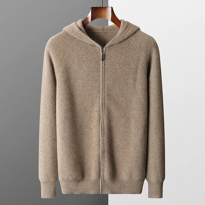 Front view of a men's comfortable knitted hoodie in a classic light grey.