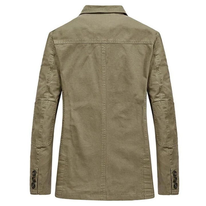 Close-up of the breathable fabric on a men's lightweight casual blazer.