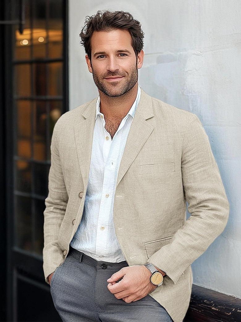 Men's casual linen blazer in natural beige, perfect for summer style.