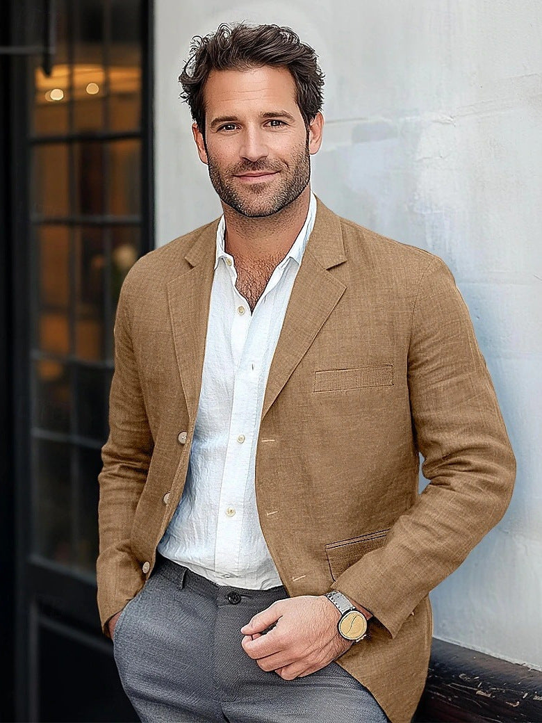 Close-up of the breathable linen fabric on a men's casual blazer.