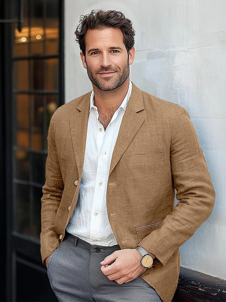 Close-up of the breathable linen fabric on a men's casual blazer.