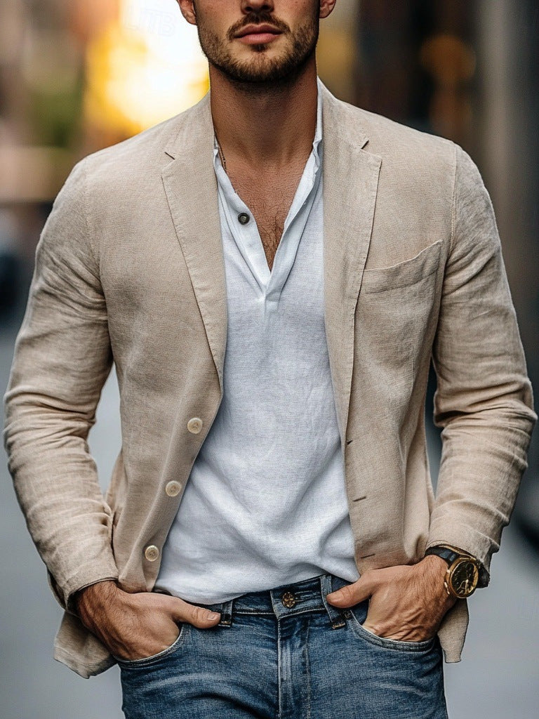 Detail shot of buttons and lapel on a fashionable men's casual linen blazer.