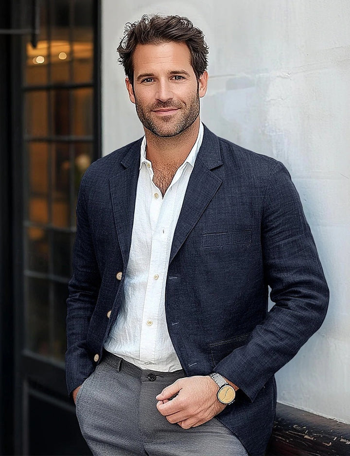 Back view of a men's casual linen blazer, highlighting relaxed fit.