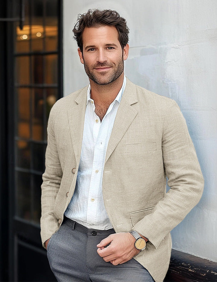 Complete outfit featuring a men's linen blazer, ideal for warm weather fashion.
