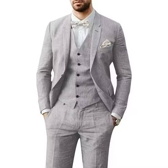 Men's tailored fit linen blend suit, a versatile 3-piece option with a classic waistcoat.