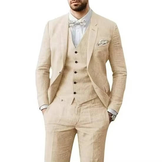 Men's casual suit: 3-piece linen blend set with waistcoat for a comfortable, stylish look.