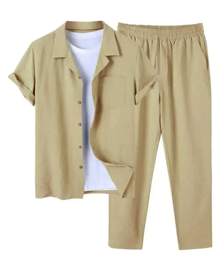 Men's casual linen blend two-piece set, short sleeve shirt & shorts, perfect for summer comfort.
