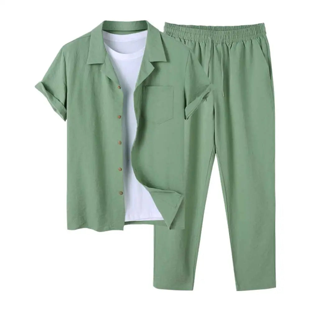 Comfortable men's linen blend casual set, short-sleeve top & shorts for vacation or resort wear.