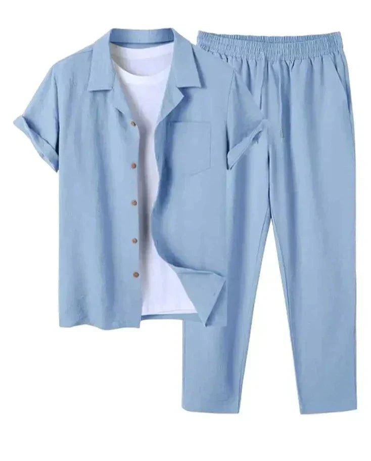 Stylish men's two-piece linen blend casual summer outfit with short-sleeve shirt and matching shorts.