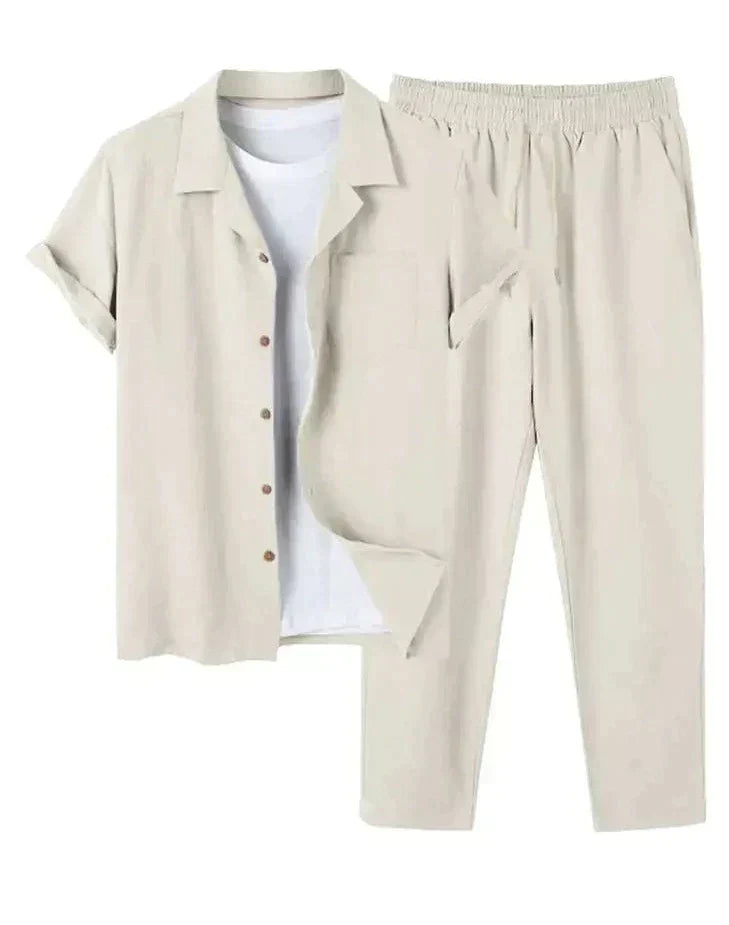 Relaxed fit men's linen blend two-piece set; casual short-sleeve shirt & shorts for effortless summer style.