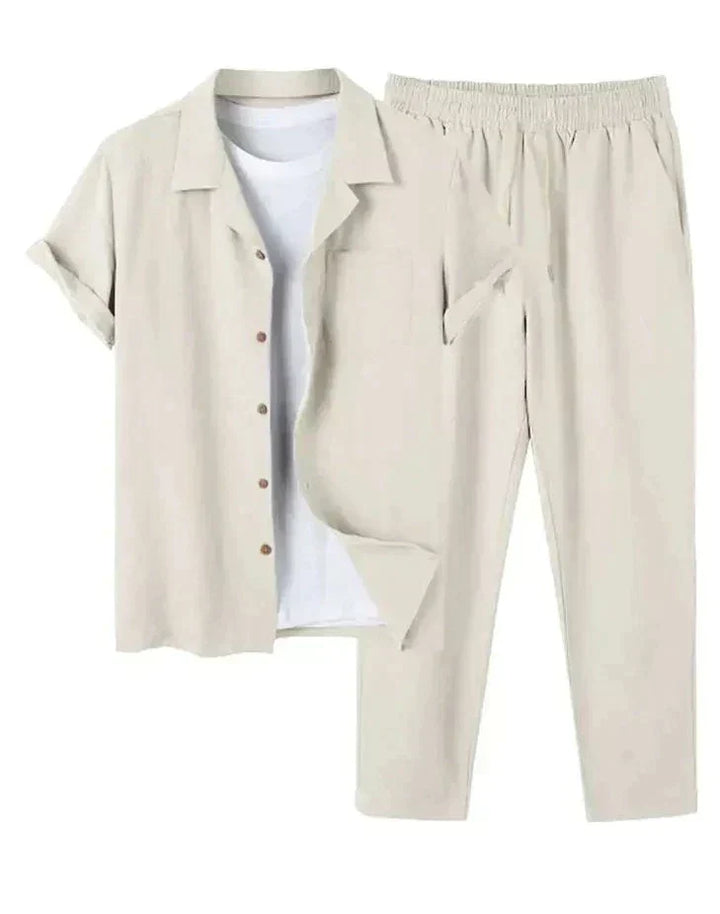 Relaxed fit men's linen blend two-piece set; casual short-sleeve shirt & shorts for effortless summer style.