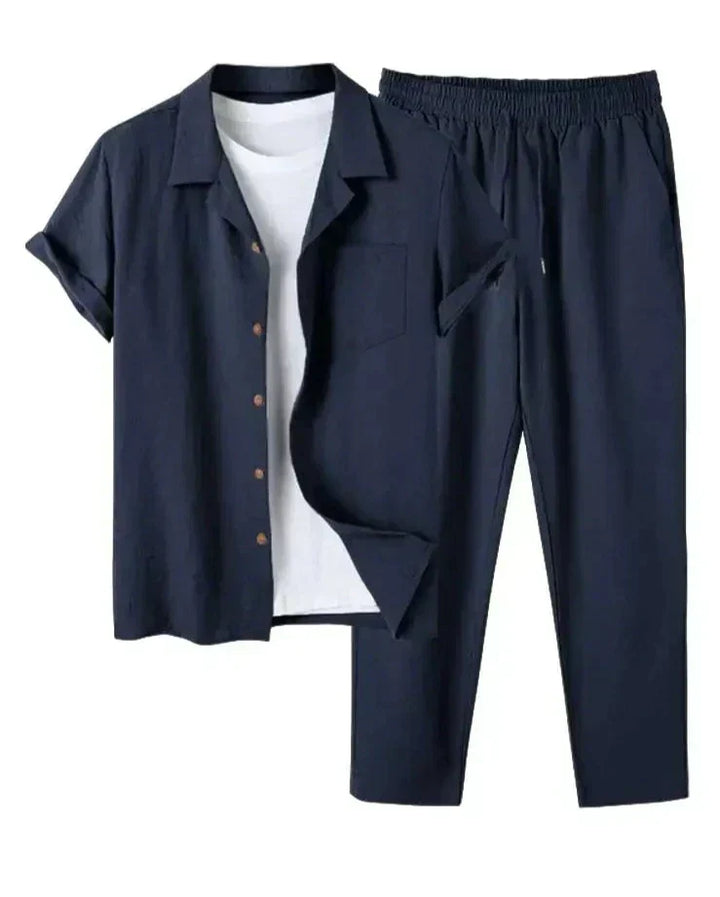 Men's linen blend casual two-piece summer set. Comfortable short-sleeve shirt and shorts for vacation.