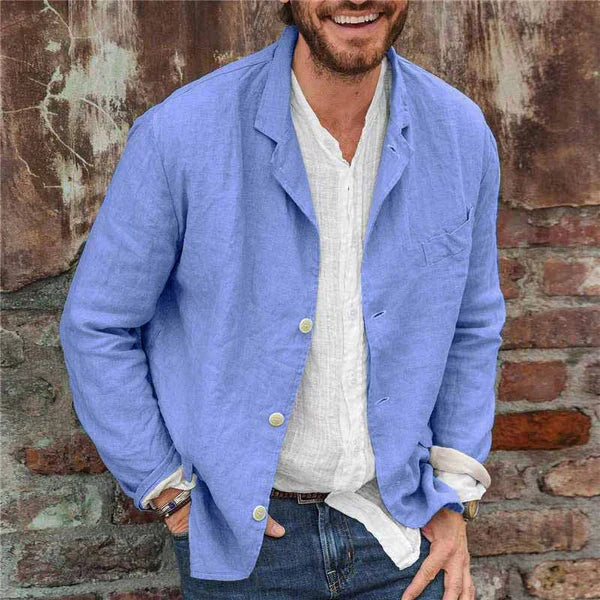 Stylish men's casual button-up jacket. Versatile linen cotton outerwear for daily spring & summer wear.