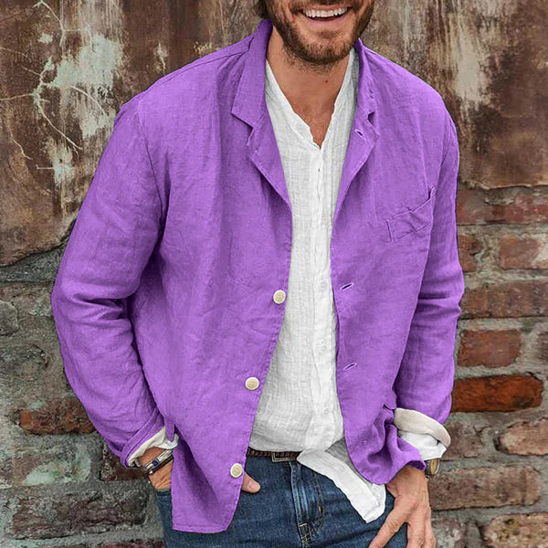 Men's fashion linen cotton jacket with button-up. Casual & stylish outerwear, perfect for spring/summer daily wear.