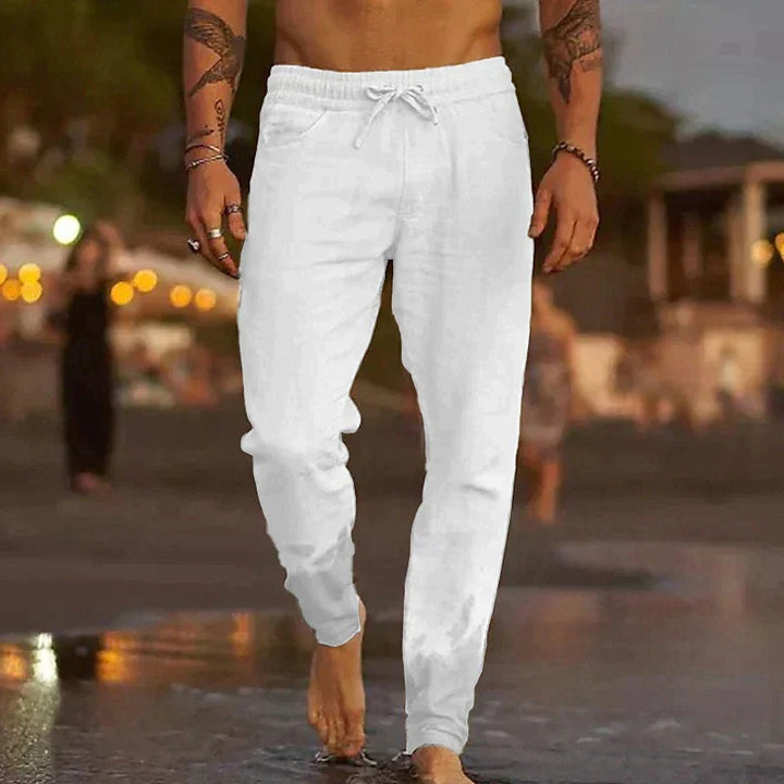 Stylish menswear featuring breathable linen pants with a relaxed fit.