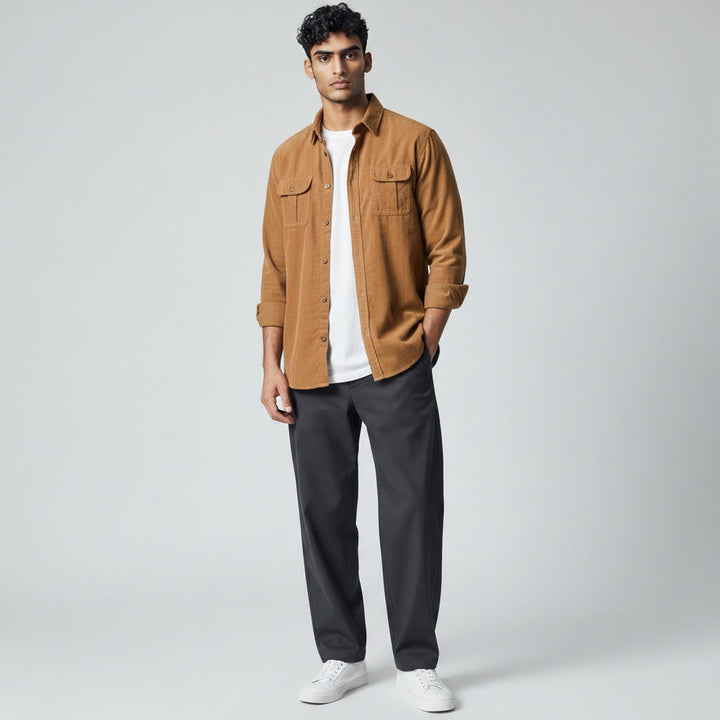 Men's modern slim fit long sleeve button-up shirt. Delivers elegant, versatile, and comfortable casual style.