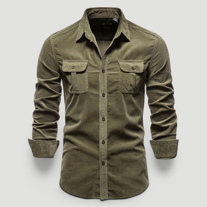 Versatile men's button-up shirt with long sleeves, slim fit. Modern design for elegant casual & smart styles.