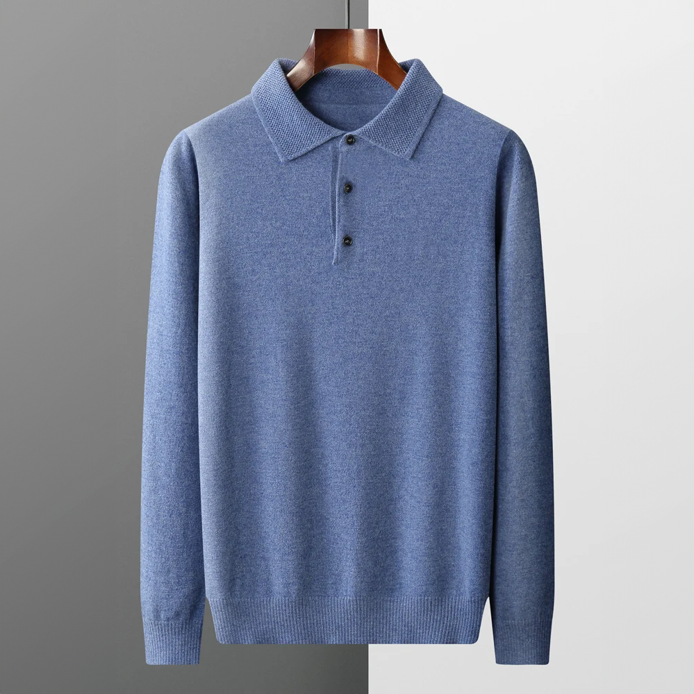 Men's casual long sleeve knit sweater polo shirt, perfect for everyday wear & versatile styling.