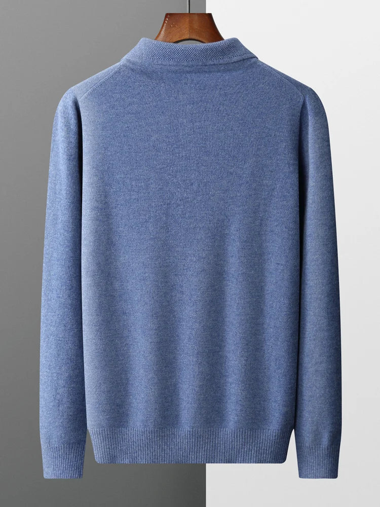 Comfortable knit long sleeve polo sweater for men, ideal for casual outfits & everyday style.
