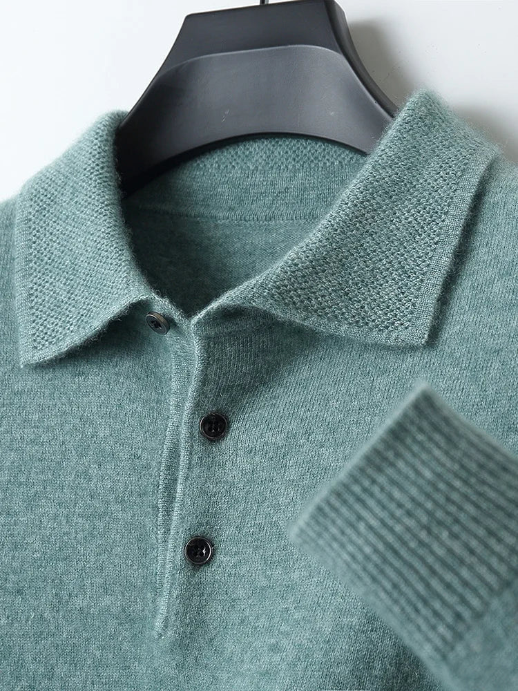 Relaxed fit men's long sleeve sweater polo, a stylish & versatile knit top for smart casual looks.
