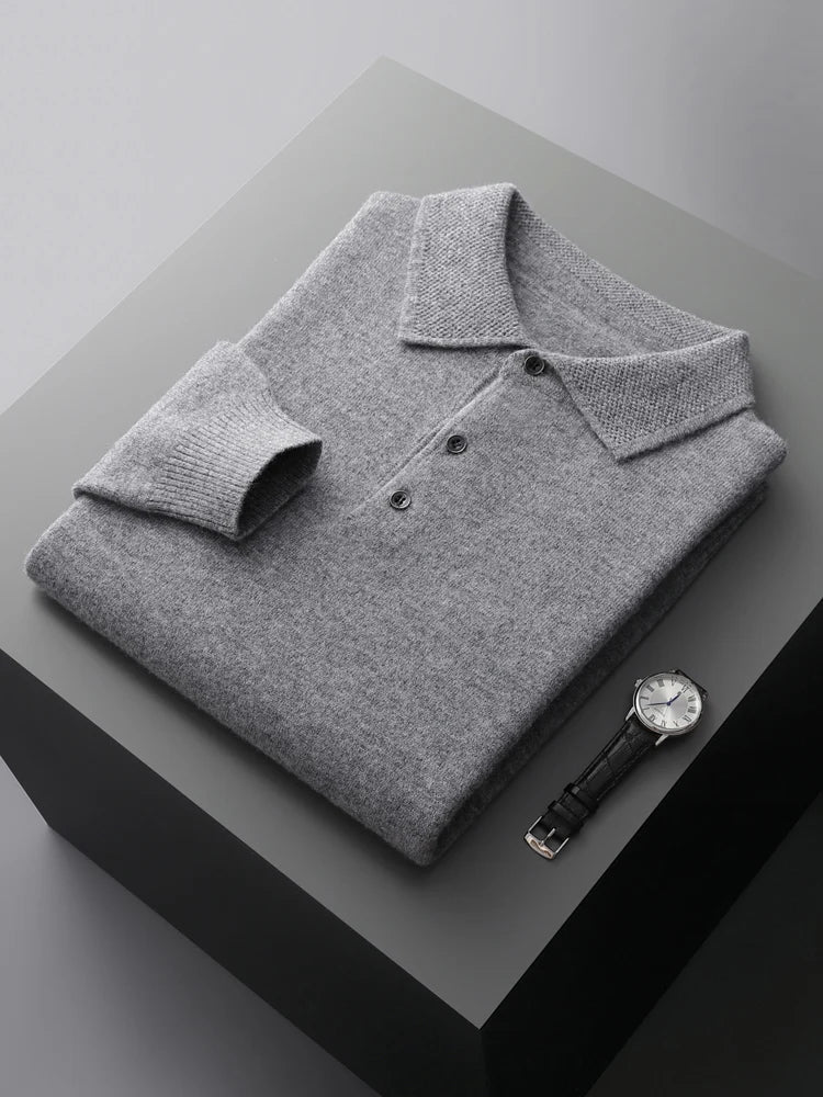 Classic men's knit long sleeve polo sweater in a solid color, casual fashion staple.