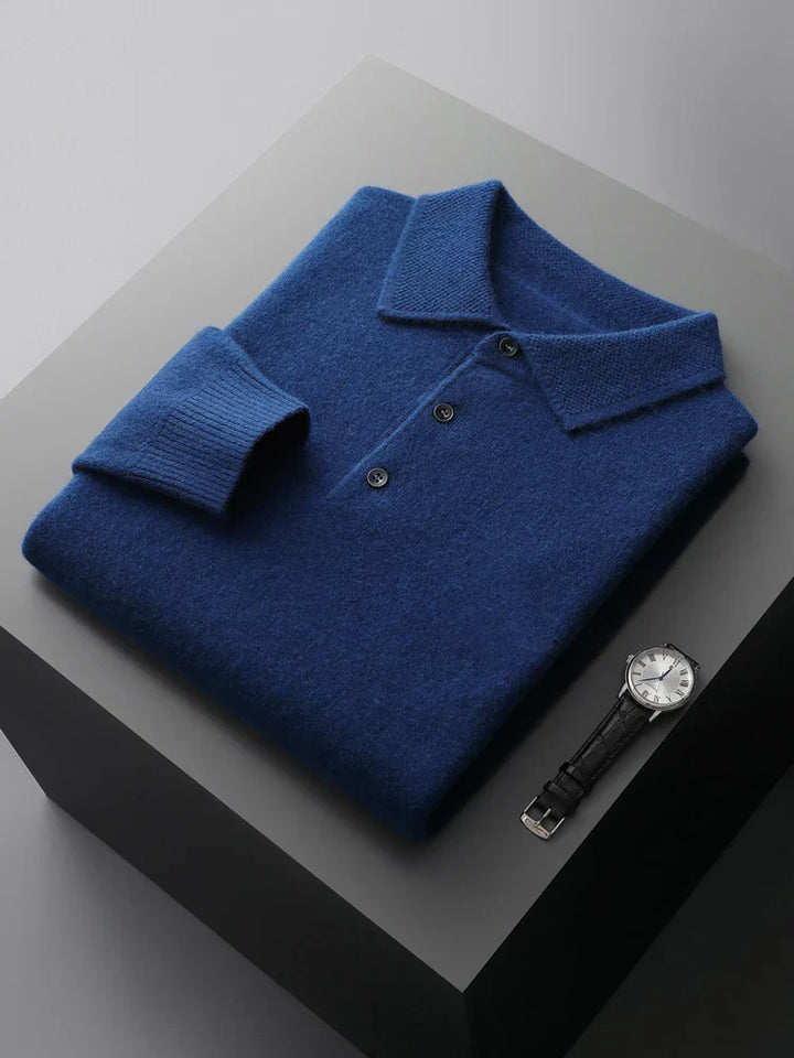 Men's long sleeve sweater polo with a classic collar, versatile smart casual knit top for men.