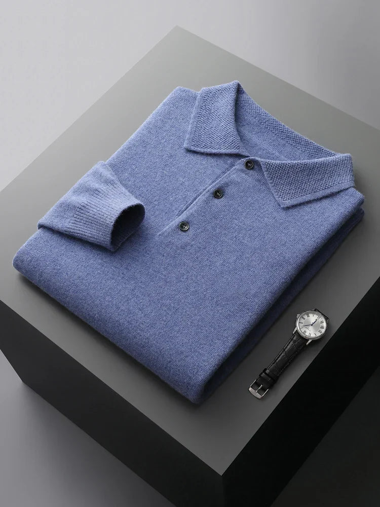 Cozy long sleeve sweater polo for men, a casual knit top perfect for cooler weather & layering.